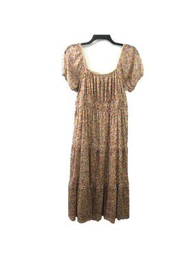 Lucky Brand Midi Dress Pink Floral Off-Shoulder Cottagecore Puff Sleeve Tiered
